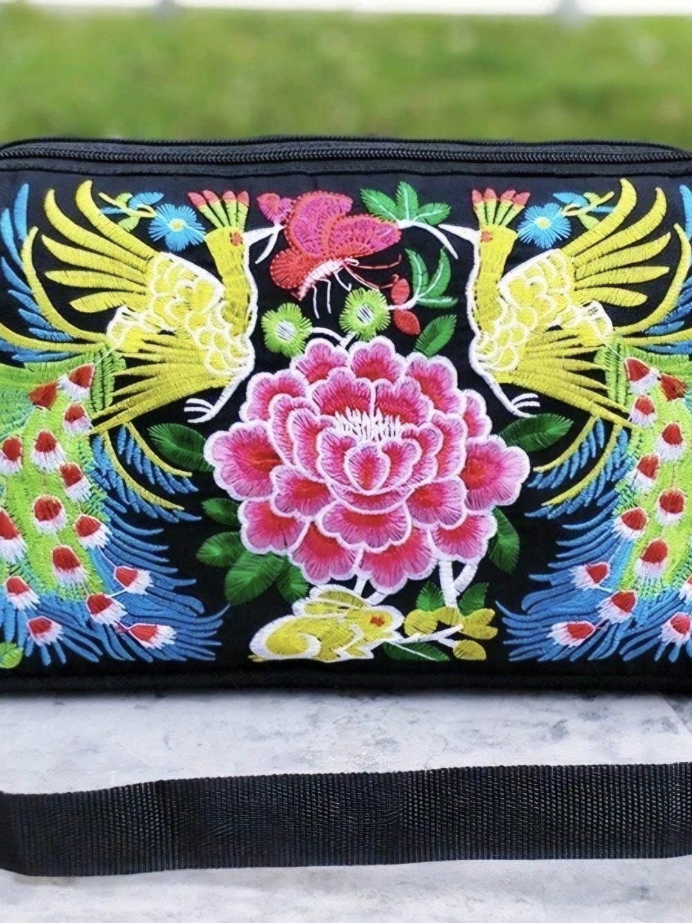 Embroidered Floral & Peacock Crossbody Bag in Black and Pink